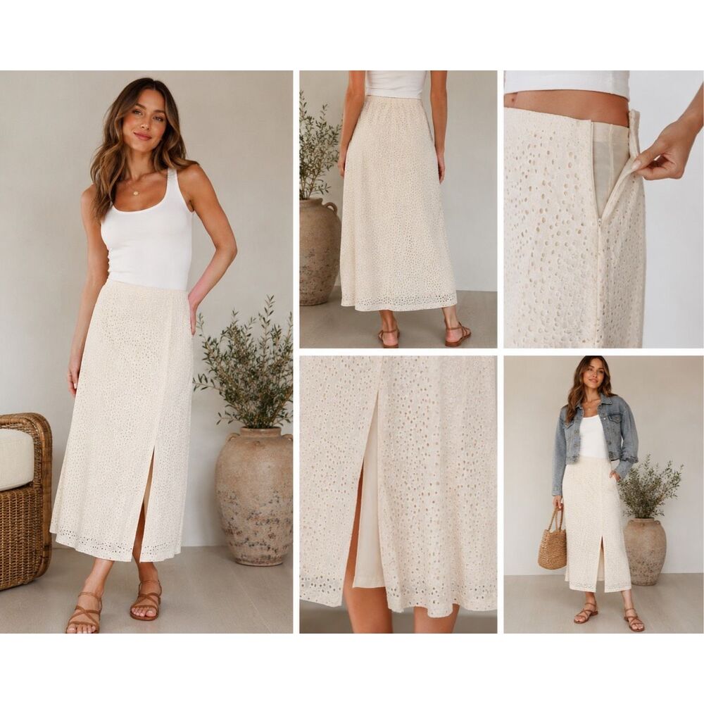A New Day Eyelet Midi Skirt Size 12 Side Zip Front Slit Boho Cottagecore
